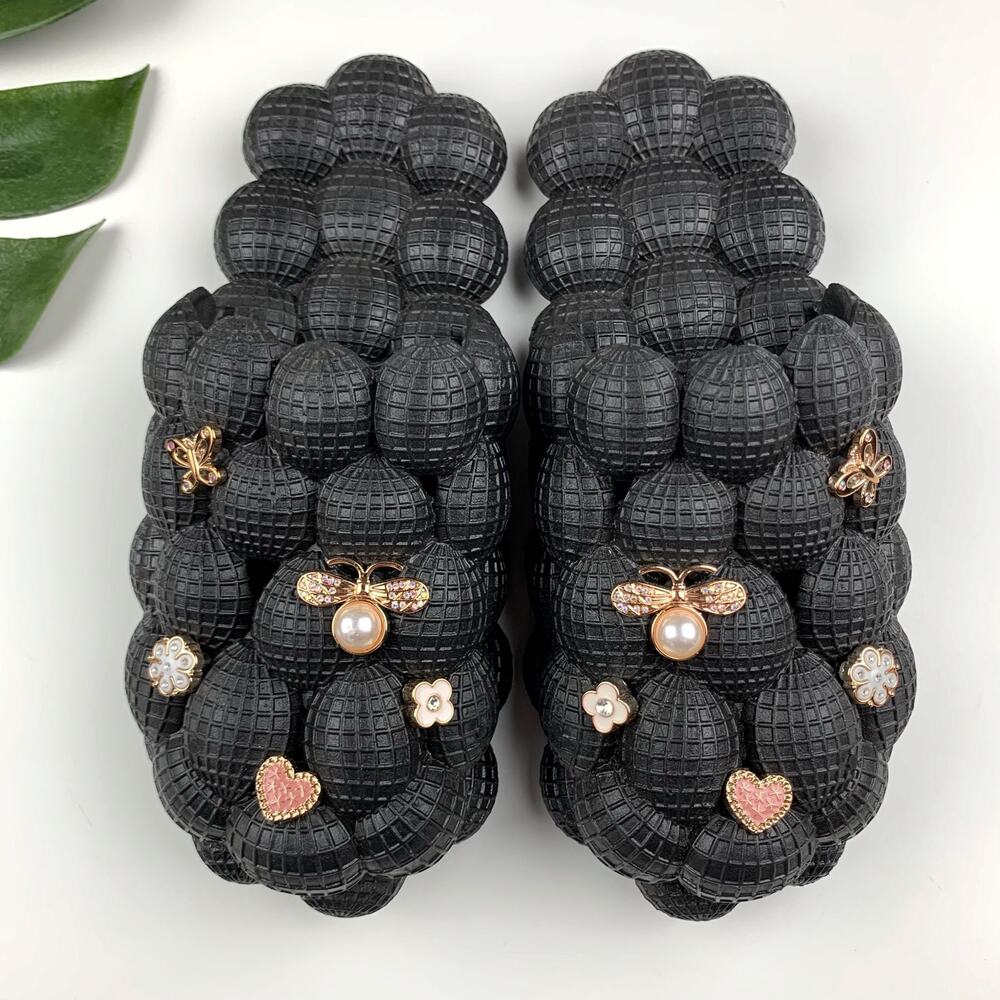 Massage Bubble Slides Black Slip On Sparkly Charms Flowers Butterfly Women's 10